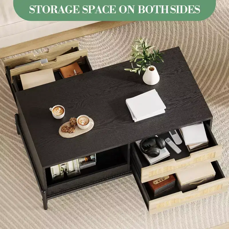 Rattan Coffee Table with LED Lighting & Storage Drawers