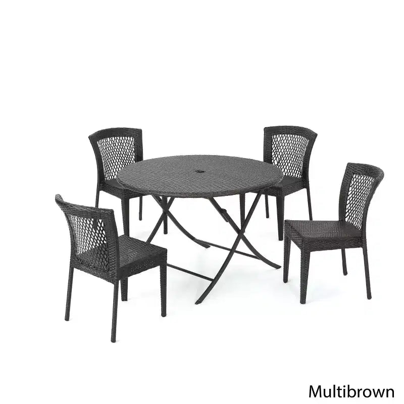 Rai 5pc Wicker Dining Set: Brown Patio Dining, Weather-Resistant, Wrought Iron Frame, Stackable Chairs, Circular Table