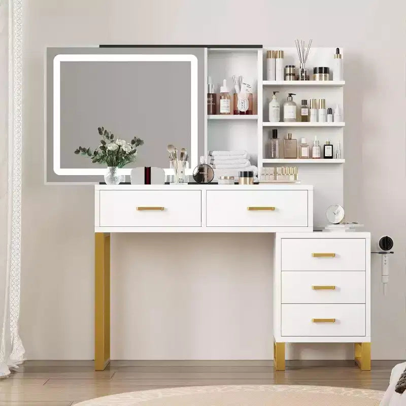 Makeup Vanity Desk with Sliding Mirror and Lights, Large Dressing Table with Charging Station,3 Lighting Modes, 5 Drawers and 3 Tiers of Open Shelves