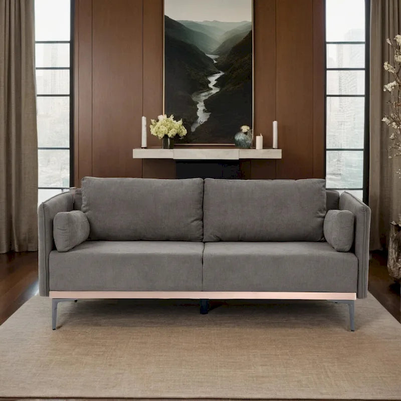 3-Seat Linen Sofa – Grey / Beige / Orange, Modern Minimalist, Metal Legs & Steel Trim, Seats 3