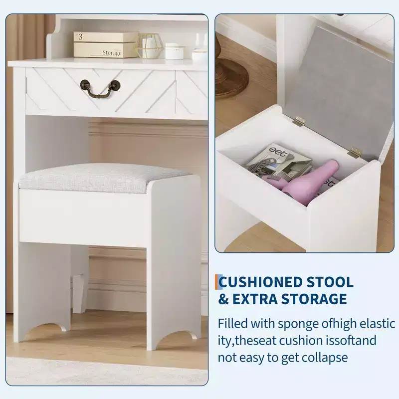 Garvee Vanity Desk with Sliding Mirror & Lights, White Vanity with Stool, Retractable and with Charging Station, Hair Dryer Rack, Drawers & Cabinet