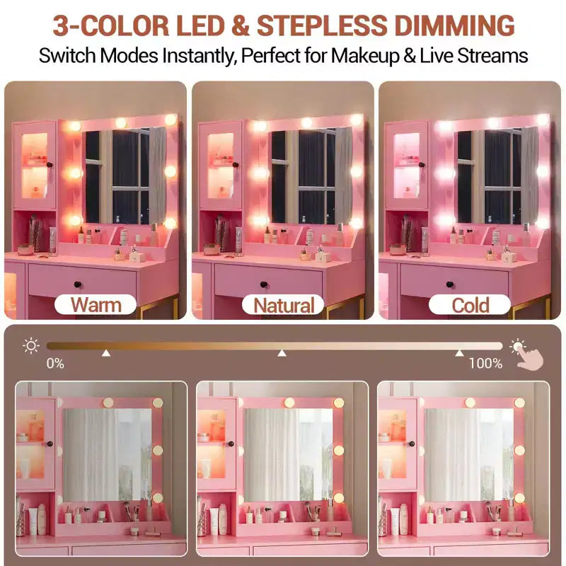 Vanity Desk with Mirror, 3 Lighting Modes Lights, Built-in Outlets & USB Ports, Spacious Drawers & Storage Cabinet, Makeup Dressing Table for Bedroom