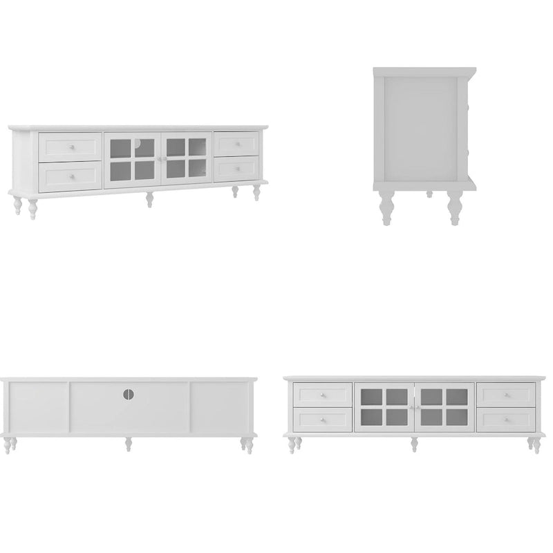 70.9-Inch TV Stand – White, Modern Style, Tempered Glass Doors & 4 Drawers