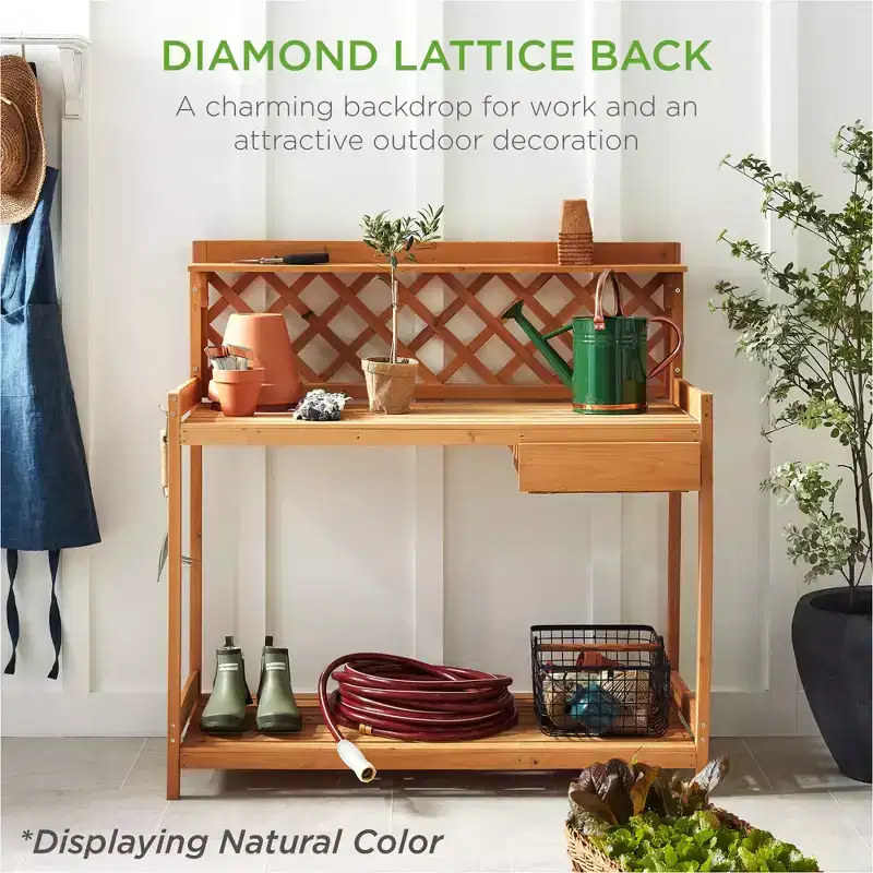 Best Choice Products Outdoor Wooden Garden Potting Bench, Workstation Table w/ Cabinet Drawer, Open Shelf