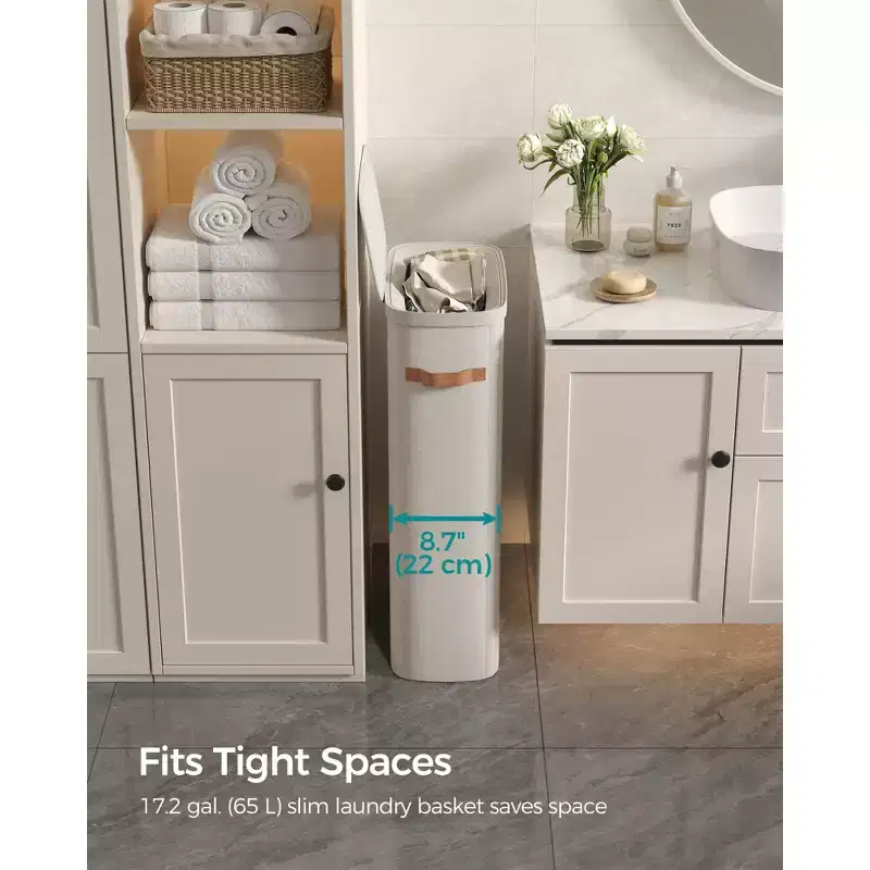 17.2 Gal. Laundry Basket, Easy Assembly, with Lid and Handles, Removable Liner, 15.4 x 8.7 x 29.5 Inches, Cappuccino Beige