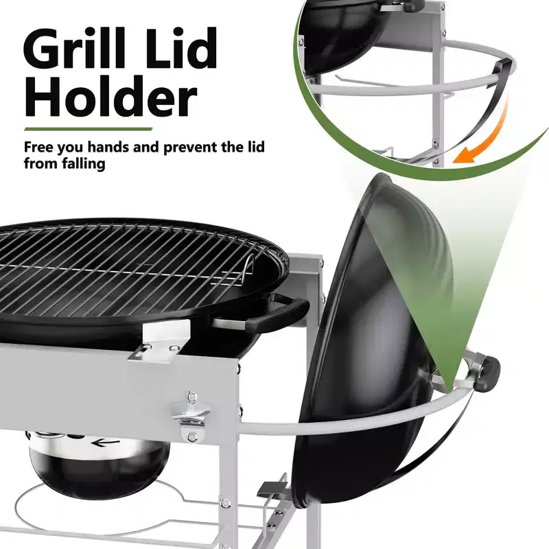 Celebalcony Grill Table for Weber 22 & 18 Original Kettle, Outdoor Grill Cart with Wheels, Movable Outdoor Prep Table Cooking Station, Sliver