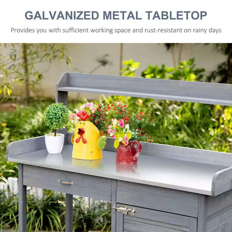 Whisen Patio Wooden Potting Bench, Outdoor Garden Work Station Table with Storage Cabinet, Open Shelf and Steel Tabletop - Gray