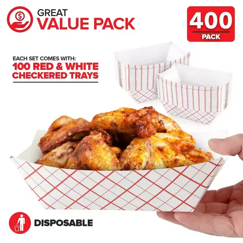 3 lb Paper Food Trays 400 Pack Red and White Checkered Disposable Food Boats Eco Friendly for Concessions Nachos Snacks Condiments 5.75 x 3