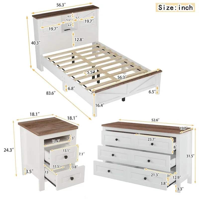 Bedroom Sets Full Size Platform Bed with Charging Station,Nightstand,Dresser(Set of 3)