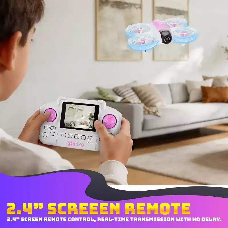 Contixo F15 Astro Kids Drone, HD Camera, 2.4 Screen Remote, Auto Hover, 2 Batteries, RGB Light 3D Flip Drones Toys Gift for Boys Girls- Pink