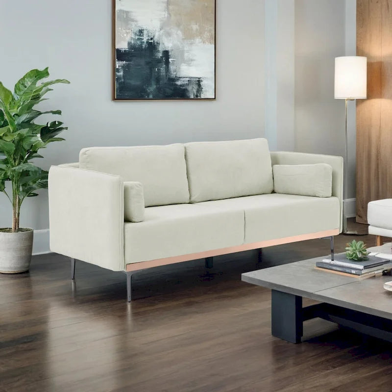 3-Seat Linen Sofa – Grey / Beige / Orange, Modern Minimalist, Metal Legs & Steel Trim, Seats 3
