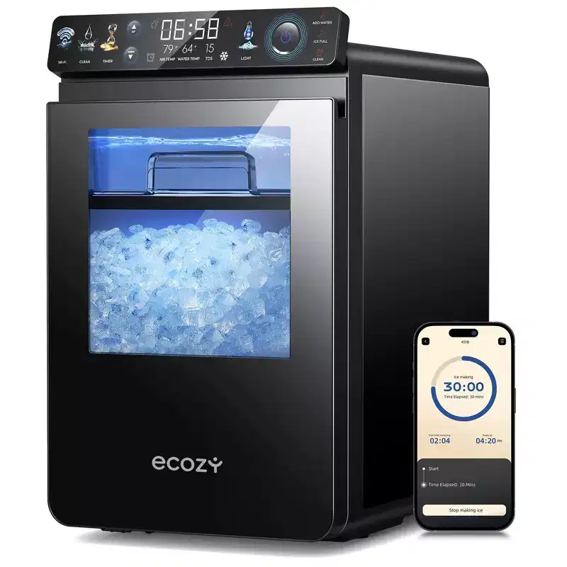 ecozy Smart Nugget Ice Maker Countertop, Pellet Ice Machine with APP Control, 44 lbs Per Day with Self-Cleaning, Stainless Steel