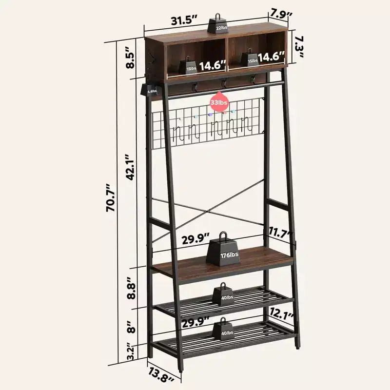 Bestier Coat Rack with Shoe Storage Bench, 70 Hall Tree with Shelves, Clothes Hanger Stand for Jackets & Cats, 5-in-1 Entryway Organizer with Hooks