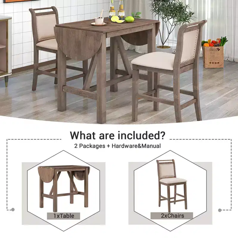 Whisen 3-Piece Wood Counter Height Drop Leaf Dining Table Set with 2 Upholstered Dining Chairs