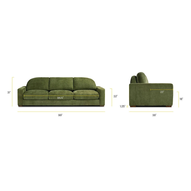 99-Inch Mid-Century Sofa – Distressed Green Velvet, Low-Profile, Sinuous Spring, Seats 3