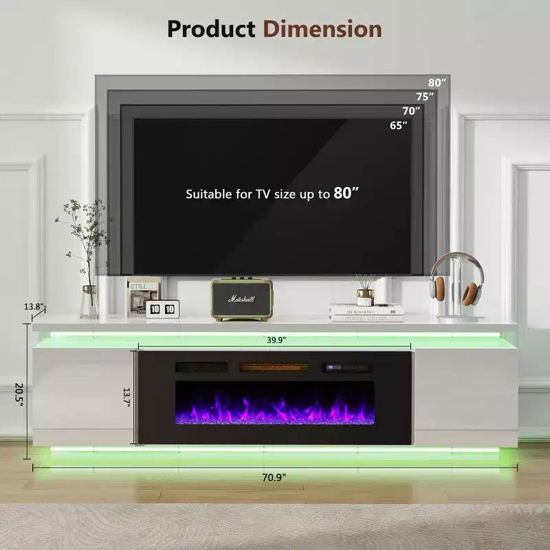 Skyzoo Electric Fireplace TV Stand for TVs up to 80 with LED Lights & 4 AC Power Outlets, TV console for Living Room