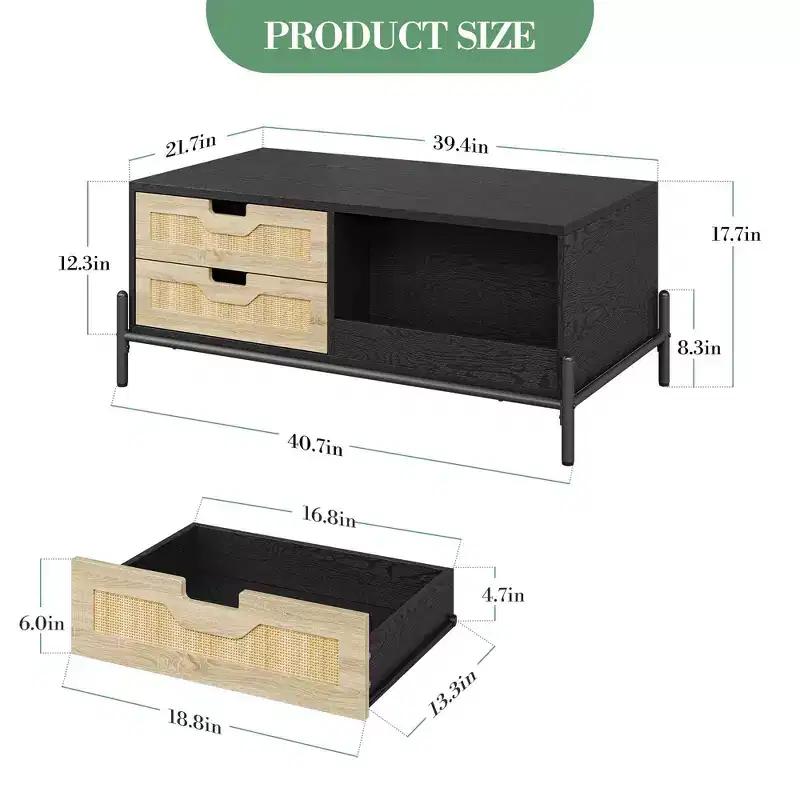 Rattan Coffee Table with LED Lighting & Storage Drawers