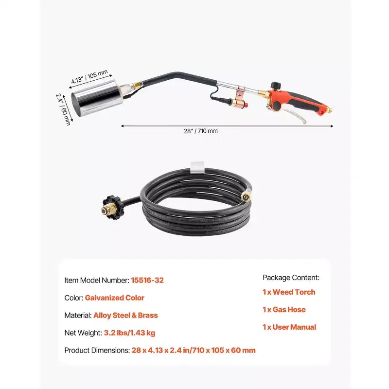 VEVOR Propane Torch Weed Burner, High Output 1,800,000 BTU with 10 ft Hose, Heavy Duty Blow Torch, Black&Silver
