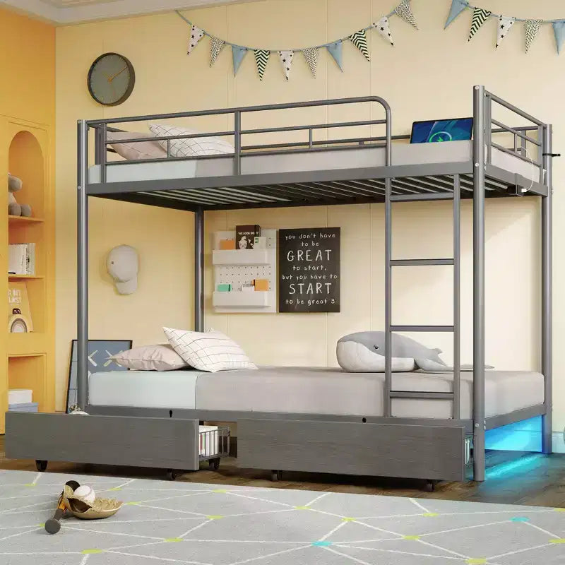 Metal Bunk Bed with Storage Drawers, Charging Station and LED Light - Safety Guardrail & Ladders