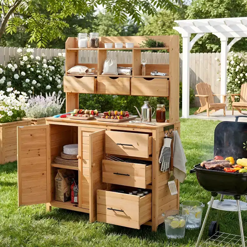 Farmhouse Potting Bench for Gardening, 65 Freestanding Garden Workstation with 6 Drawers, Cabinet, and Side Hook-Panipeachy