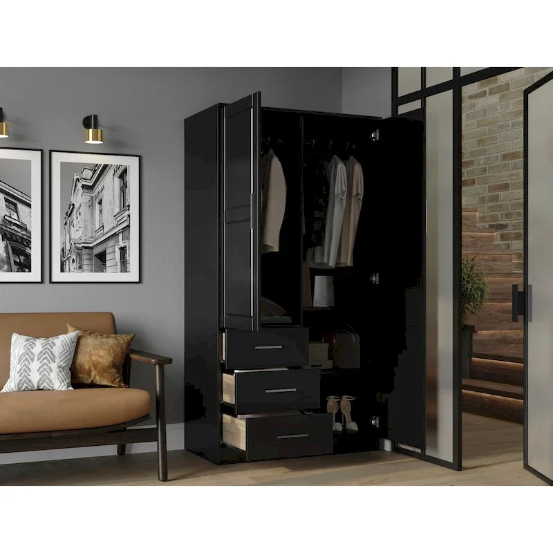 100% Solid Wood Metro Wardrobe Armoire – Solid Wood or Mirrored Doors, Multiple Finishes