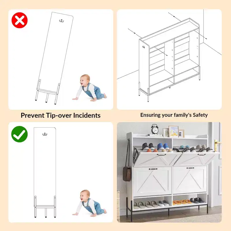 Shoe Cabinet with 4 Flip-Up Drawers Hidden Shoe Storage Cabinet with Open Storage for Entryway Hallway Bedroom Shoe Organizer Cabinet