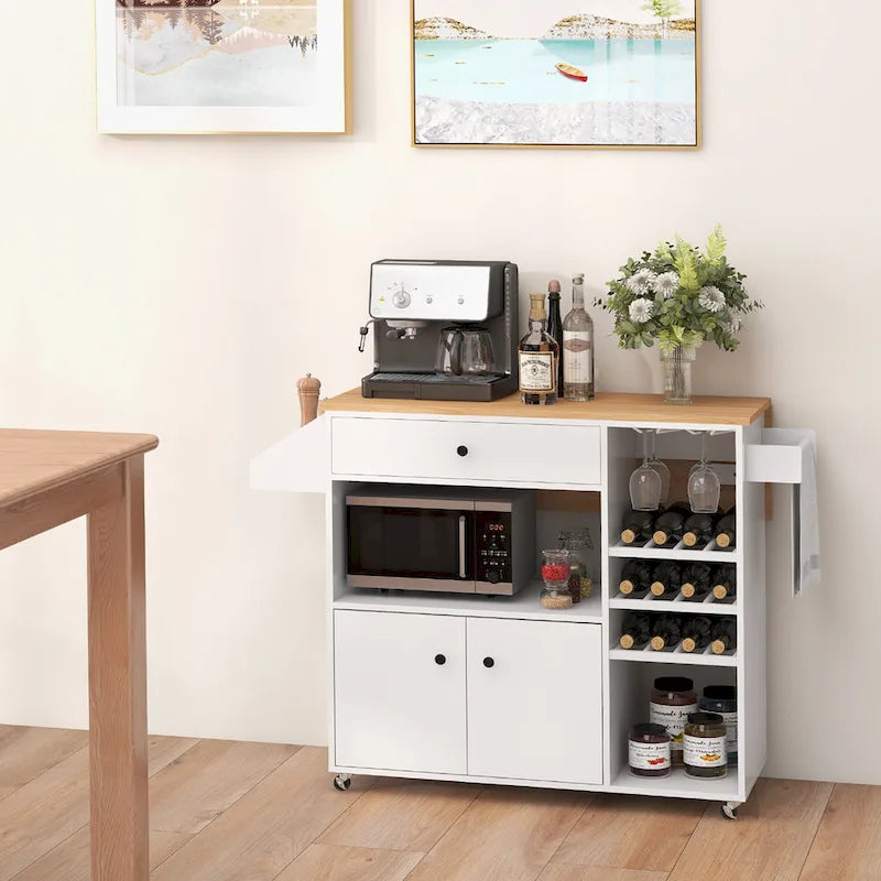 Kitchen Island Cart – White / Brown / Black, Drop-Leaf, Power Outlet, Wine Rack, Microwave Shelf, Casters
