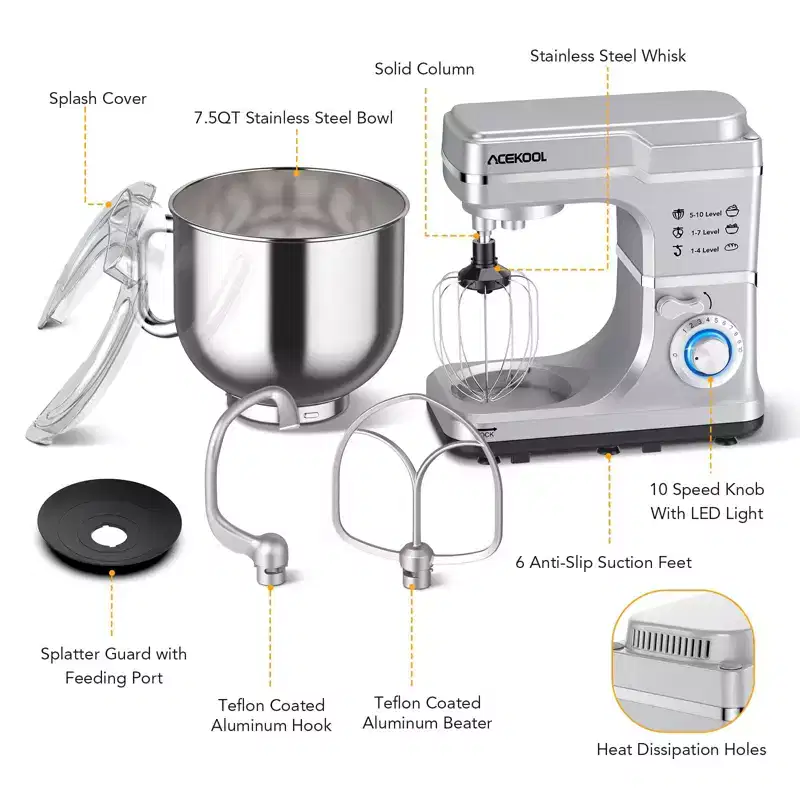 GustoWave 7.5 Qt Electric Stand Mixer, 10 Speed Food Mixer for Kitchen