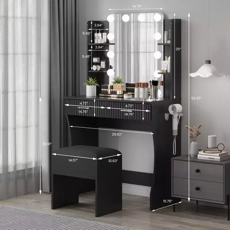 Garvee Makeup Vanity Desk with Mirror and 12 LED Lights, Modern Dressing Table Furniture with Hair Dryer Holder Stool for Bedroom