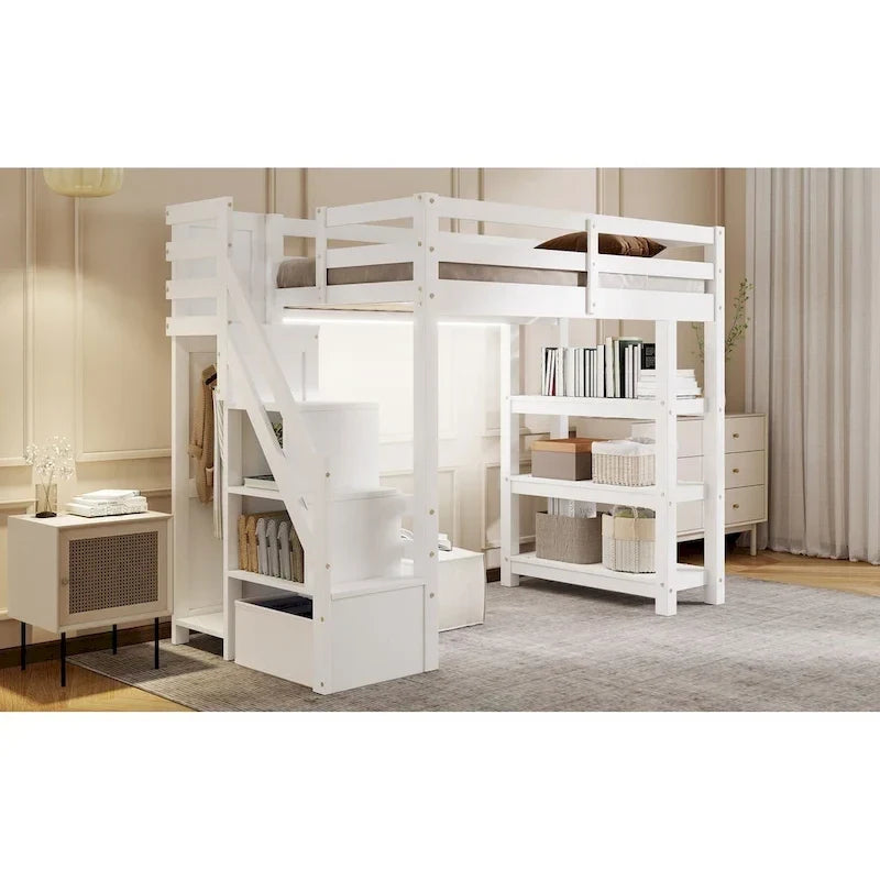 Full/Twin Loft Bed with Storage Stairs - Shelves, Wardrobe & LED Light, Space-Saving Design