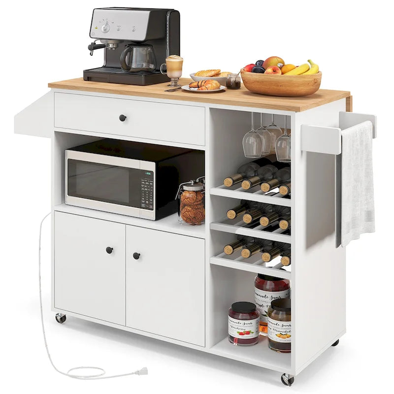 Kitchen Island Cart – White / Brown / Black, Drop-Leaf, Power Outlet, Wine Rack, Microwave Shelf, Casters