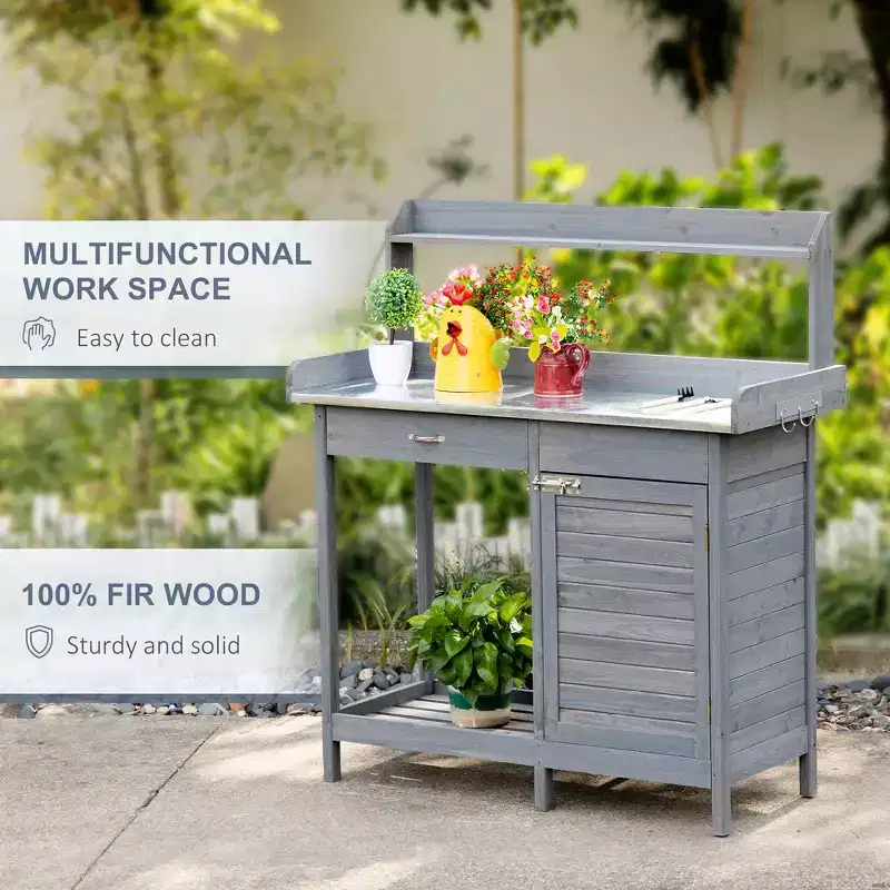 Whisen Patio Wooden Potting Bench, Outdoor Garden Work Station Table with Storage Cabinet, Open Shelf and Steel Tabletop - Gray