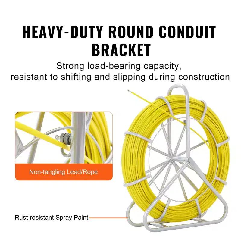 VEVOR Fish Tape Fiberglass, 656 ft, 1/4 inch, Duct Rodder Fishtape Wire Puller, Cable Running Rod with Steel Reel Stand, 3 Pulling Heads, Fishing Tool