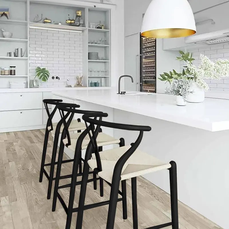 Solid Wood Countertop Height Barstool with Open Y Back, Farmhouse Woven Seat