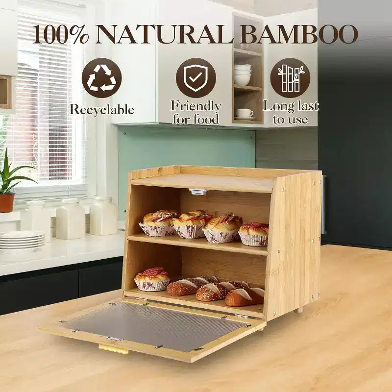 2-Layer Bamboo Bread Box with Acrylic Door, Bread Storage Container for Kitchen Countertop, Organizing Baguettes, Pastries & Baked Goods