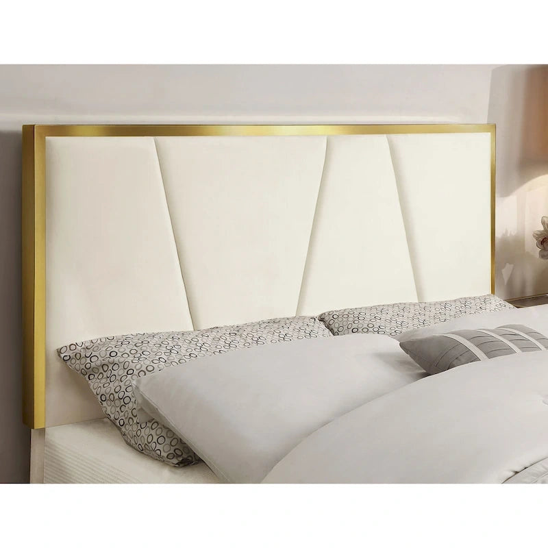Upholstered Platform Bed – Beige, Tufted Headboard, Gold-Tone Accents, Glam Style, Full / Queen / King