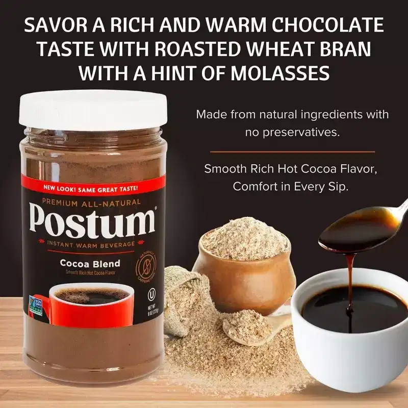Postum Hot Cocoa Blend Coffee Substitute, Caffeine-Free, Made with Roasted Wheat Bran & Molasses, Kosher, Vegan, Non-GMO, Natural & Healthy - 8 oz