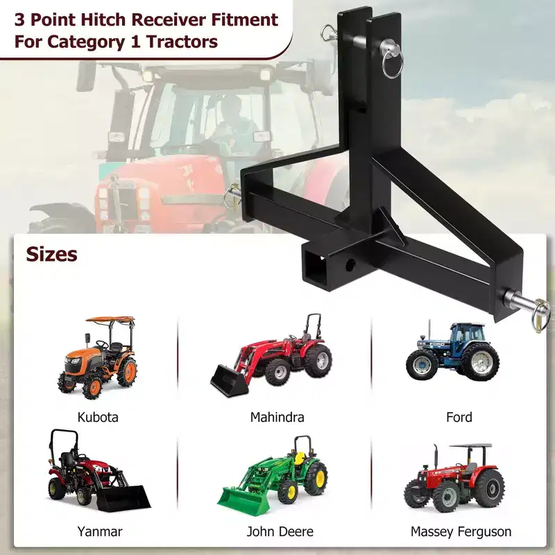3 Point 2 Trailer Hitch Receiver Heavy-Duty for Category 1 Tractors Compatible with Kubota, BX, LM25H, WLM Tractor, NorTrac, Yanmar, Kioti, Cat