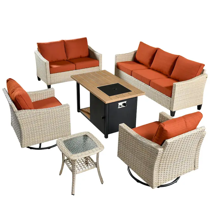HOOOWOOO 6-piece Wicker Patio Outdoor Furniture Fire Pit Set with Swivel Rocking Chair