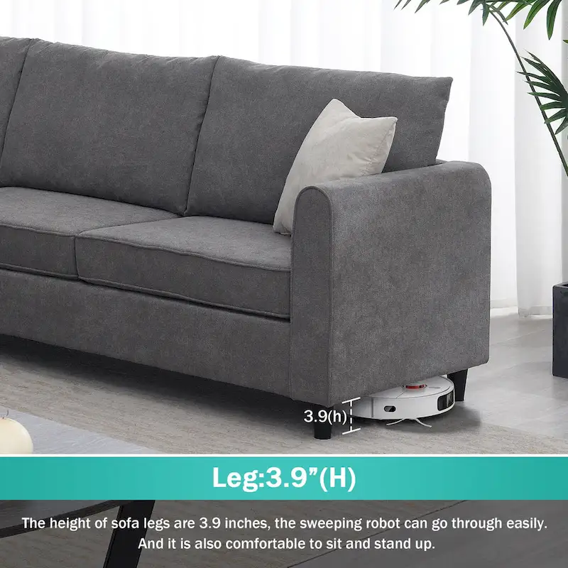 L-Shape Sectional Sofa with 3 Pillows, Gray Polyester Upholstery, 91