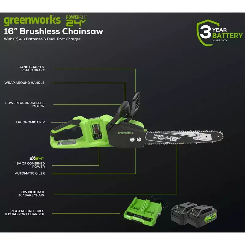 Greenworks POWERALL 2x24V 16" Brushless Cordless Chainsaw with (2) 4.0Ah Batteries and Dual Port Charger