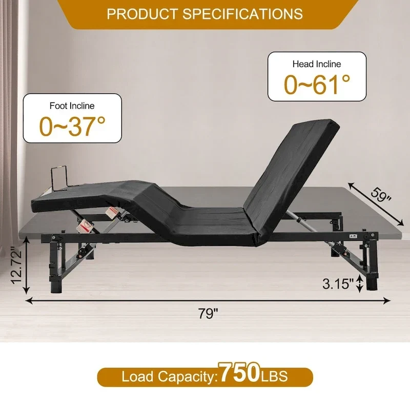 Queen Size Foldable Bed Premium Adjustable Bed Frame with Wireless Remote, USB Charging & Underbed Lighting