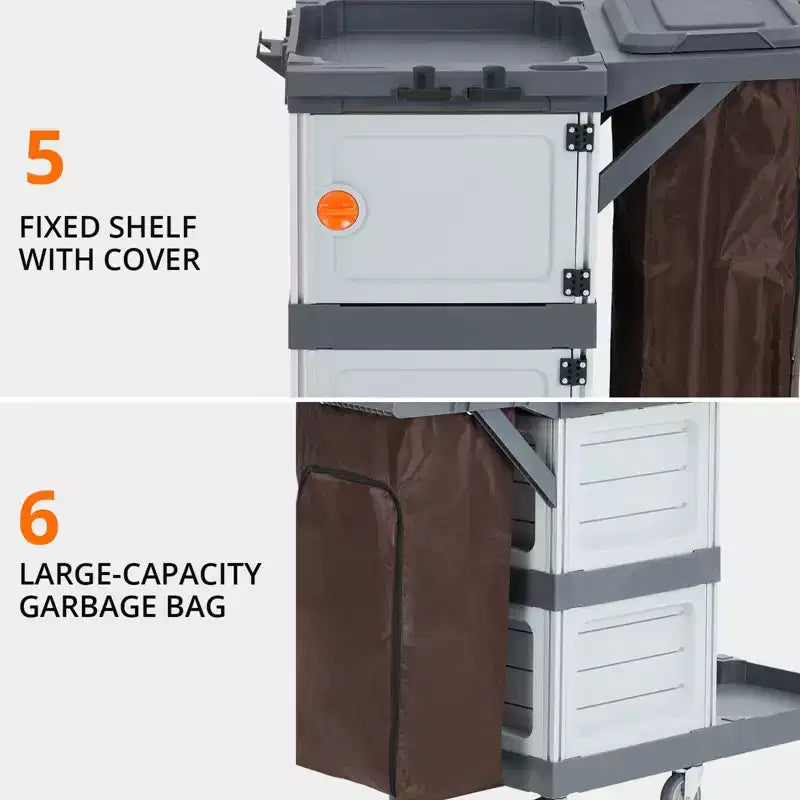 Commercial Janitorial Cart, 3-Shelf Housekeeping Cart with Storage Cabinets and Laundry Bag