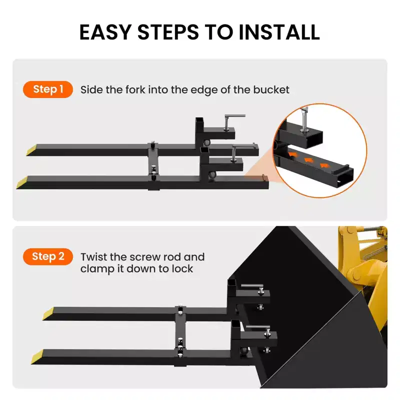Pallet Forks 60 Heavy Duty  Tractor Bucket Clamp-On Forks with 4000 lbs Capacity, Adjustable Stabilizer BarSkid Steer Compatible Material Handling