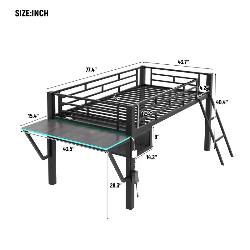 Twin Gaming Loft Bed with Desk & LED Lights, Black Metal Mid Loft Bed with Storage for Kids Teens, eSports-Inspired Design