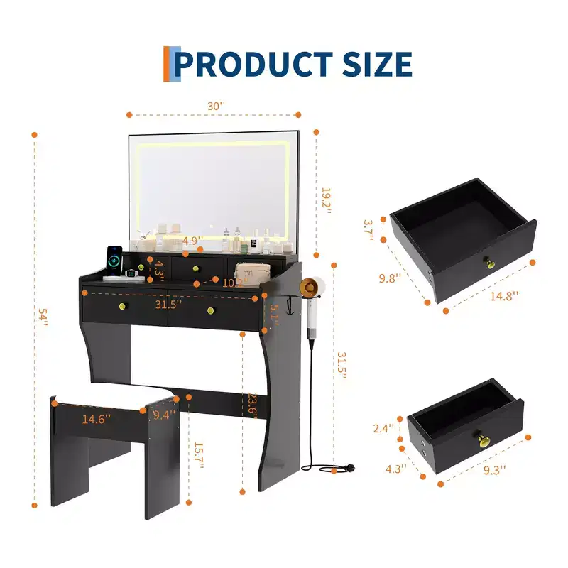 GustoWave Makeup Vanity Desk with Mirror & Chair, 5 Drawers, Hair Dryer Holder, Cushioned Stool for Bedroom