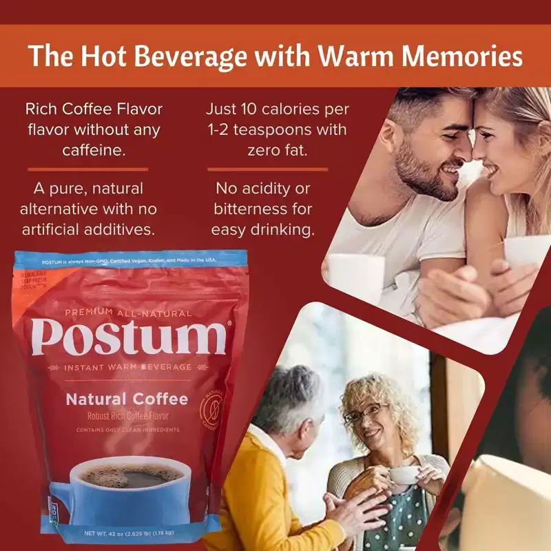 Postum Natural Coffee Substitute, Caffeine-Free, Made with Roasted Wheat Bran & Molasses, Kosher, Vegan, Non-GMO, Natural & Healthy - 42 oz