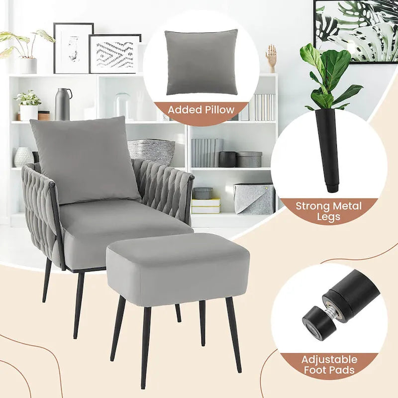 Gymax Modern Dutch Velvet Accent Chair & Ottoman Set Single Leisure