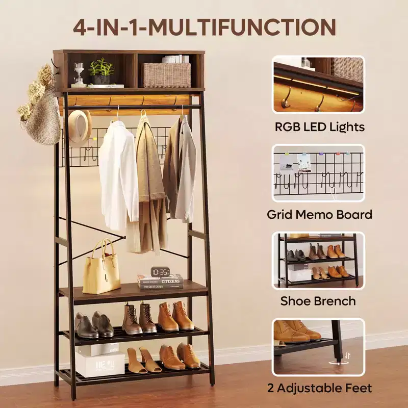Bestier Coat Rack with Shoe Storage Bench, 70 Hall Tree with Shelves, Clothes Hanger Stand for Jackets & Cats, 5-in-1 Entryway Organizer with Hooks