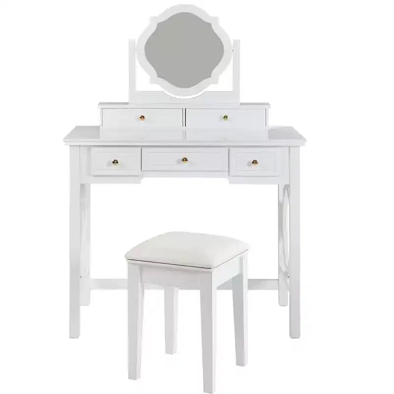 Makeup Vanity Table with Reversible Mirror, Elegant Chic Vanity Desk with 5 Drawers & Upholstered Stool, Space-Saving Beauty Station